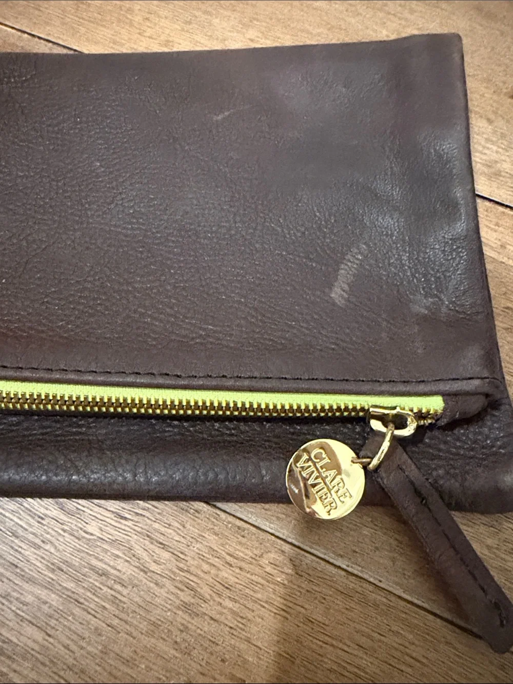 Men's Brown Leather Clutch with Yellow Zipper